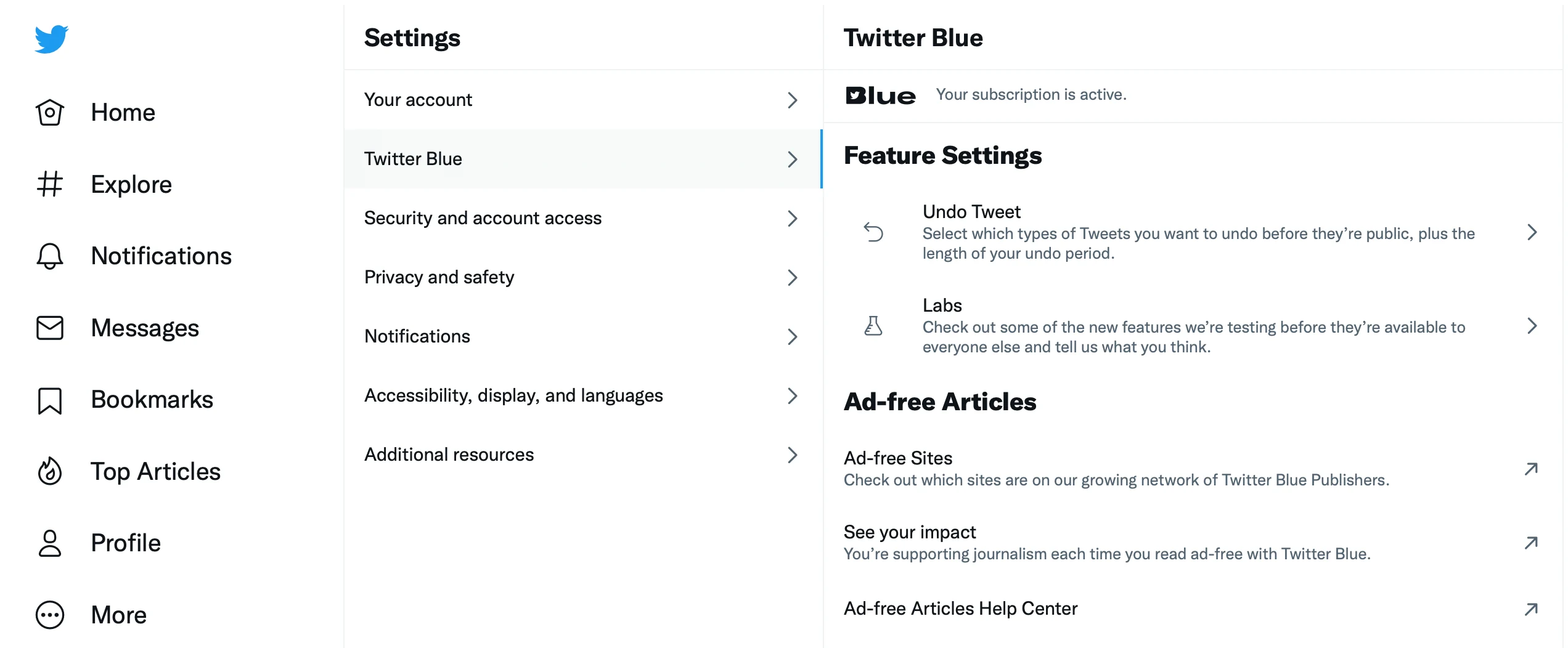 Twitter Blue settings